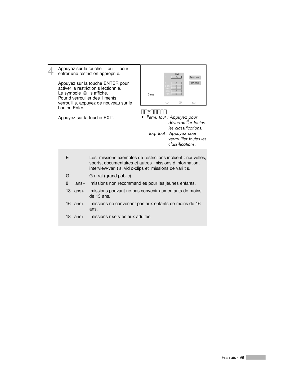 Samsung HL-R7178W, HL-R6178W manual Appuyez sur la touche … ou † pour, Entrer une restriction appropriée, Français Canadien 