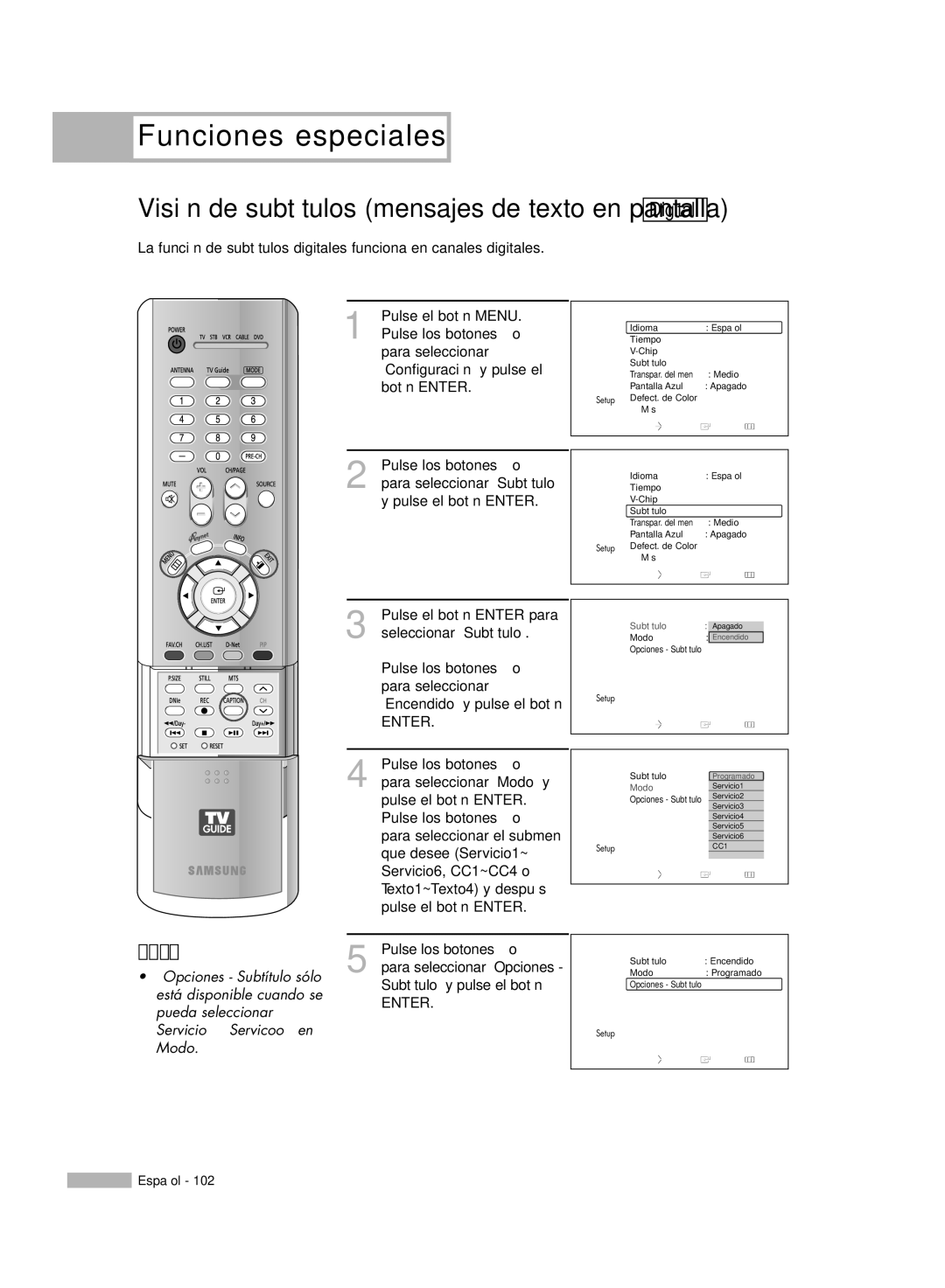 Samsung HL-R5678W, HL-R6178W, HL-R5078W, HL-R7178W manual Visión de subtítulos mensajes de texto en pantalla 