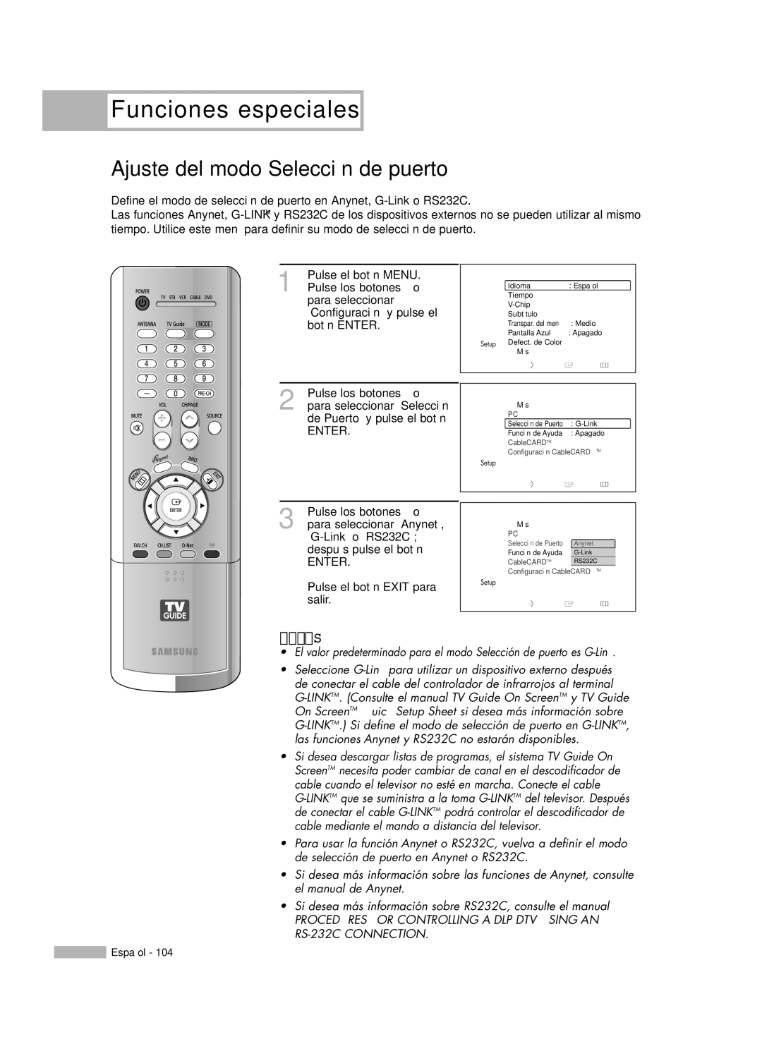 Samsung HL-R6178W, HL-R5078W Ajuste del modo Selección de puerto, Para seleccionar Configuración y pulse el botón Enter 