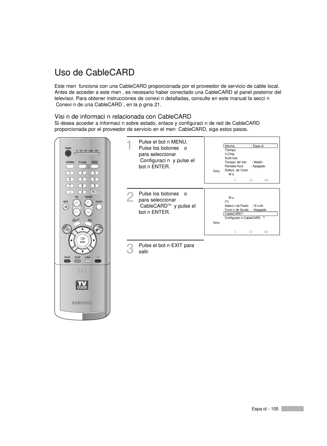 Samsung HL-R5078W, HL-R6178W, HL-R5678W, HL-R7178W manual Uso de CableCARD, Visión de información relacionada con CableCARD 