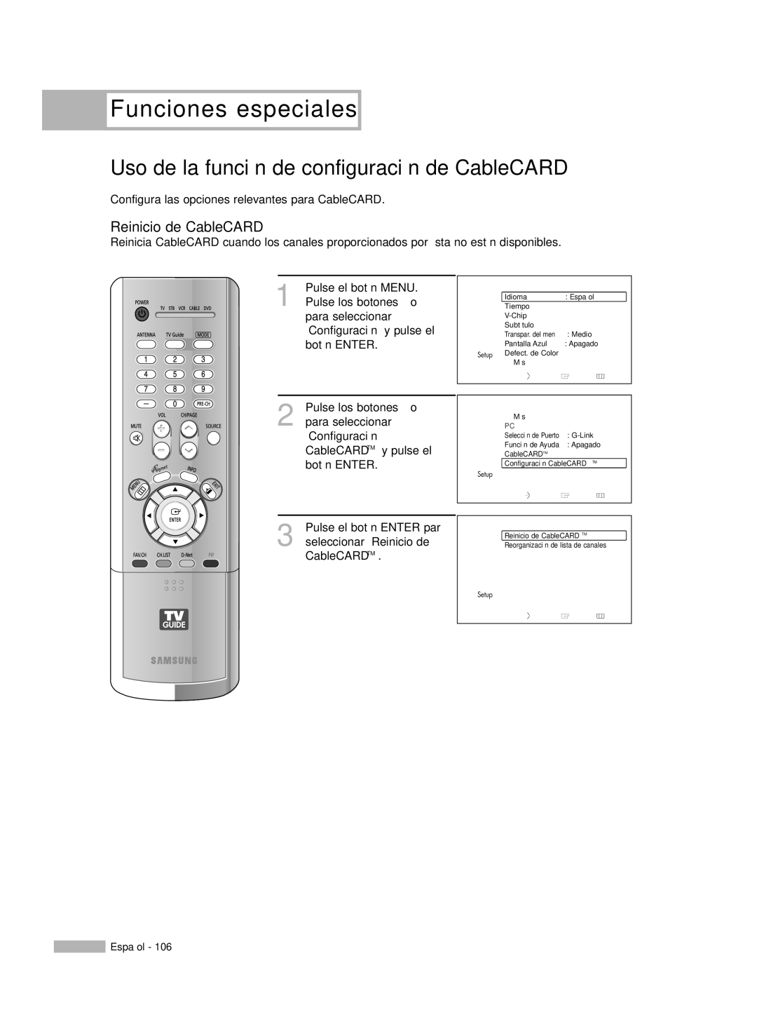 Samsung HL-R5678W manual Uso de la función de configuración de CableCARD, Reinicio de CableCARD, Configuración CableCARDTM 