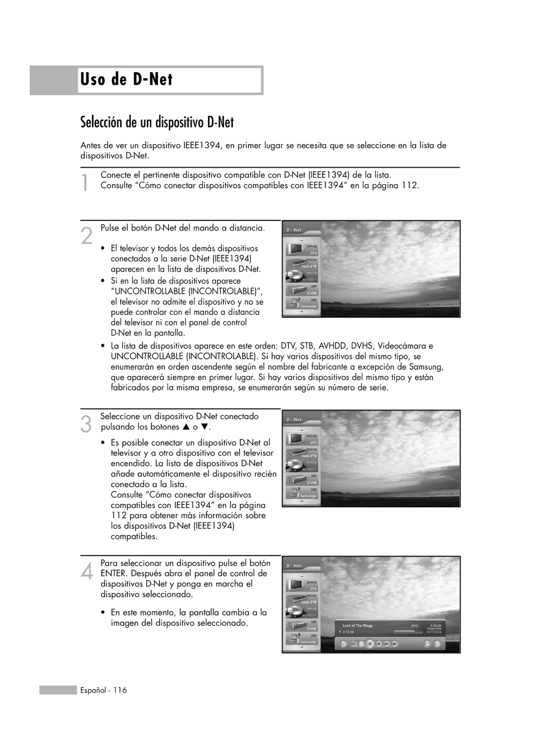 Samsung HL-R6178W, HL-R5078W, HL-R5678W manual Selección de un dispositivo D-Net, Pulse el botón D-Net del mando a distancia 