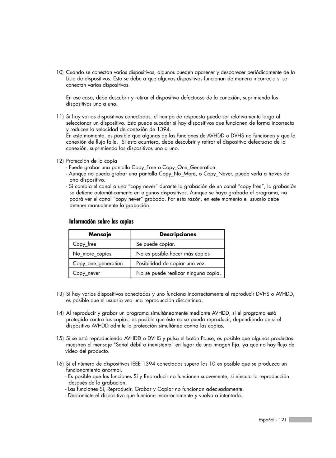 Samsung HL-R5078W, HL-R6178W, HL-R5678W, HL-R7178W manual Información sobre las copias, Mensaje Descripciones 