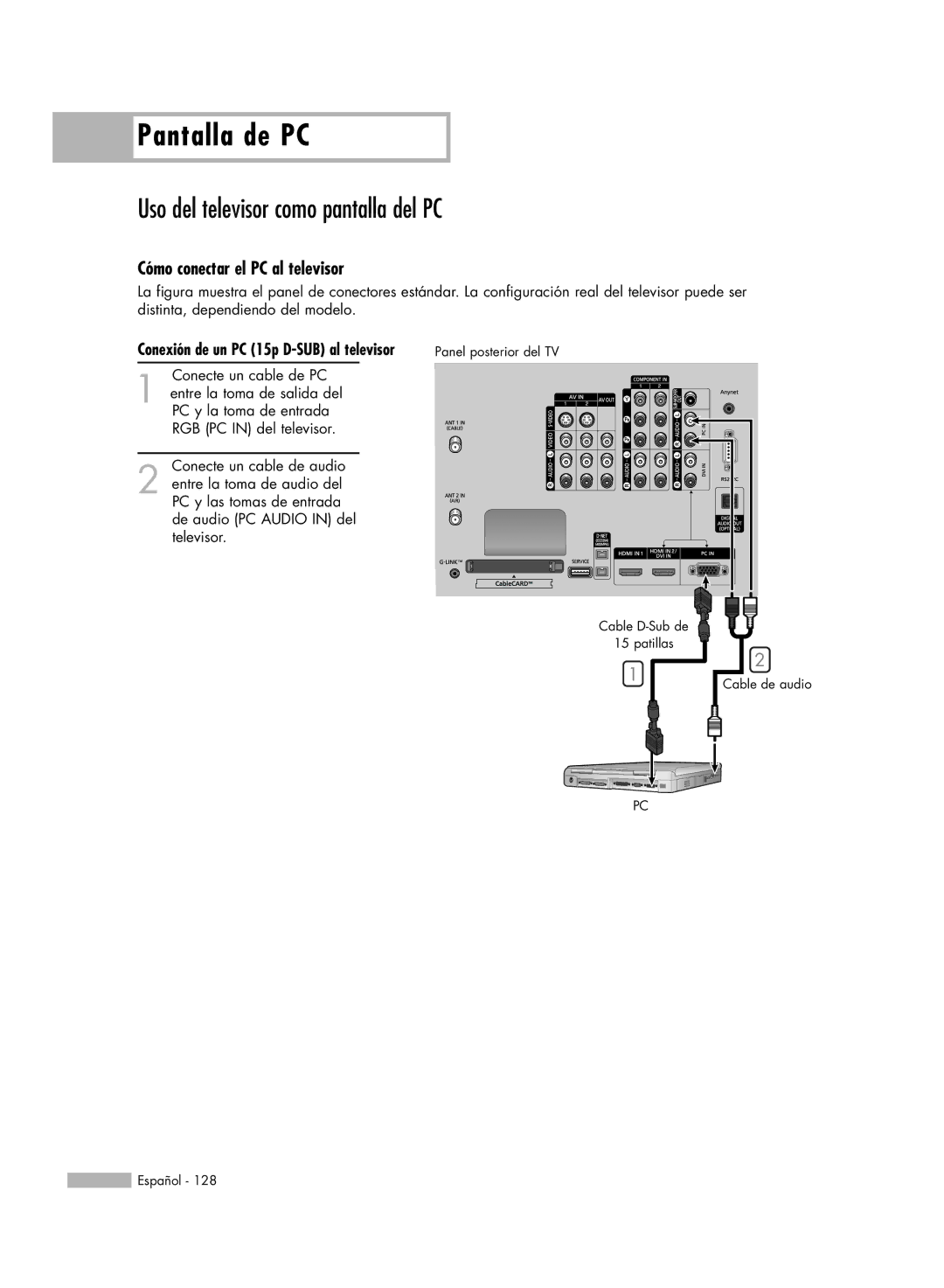 Samsung HL-R6178W, HL-R5078W, HL-R5678W, HL-R7178W Uso del televisor como pantalla del PC, Cómo conectar el PC al televisor 