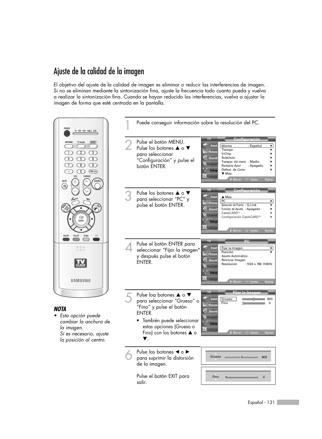 Samsung HL-R7178W Ajuste de la calidad de la imagen, Pulse loa botones … o †, Para seleccionar Grueso o, Fijar la Imagen 