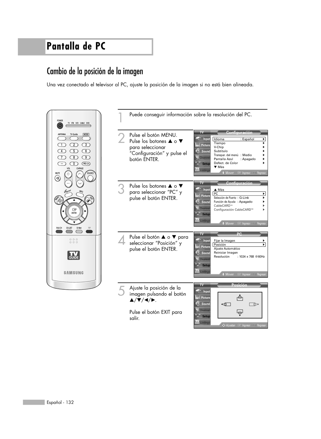 Samsung HL-R6178W, HL-R5078W, HL-R5678W, HL-R7178W manual Cambio de la posición de la imagen, Posición 