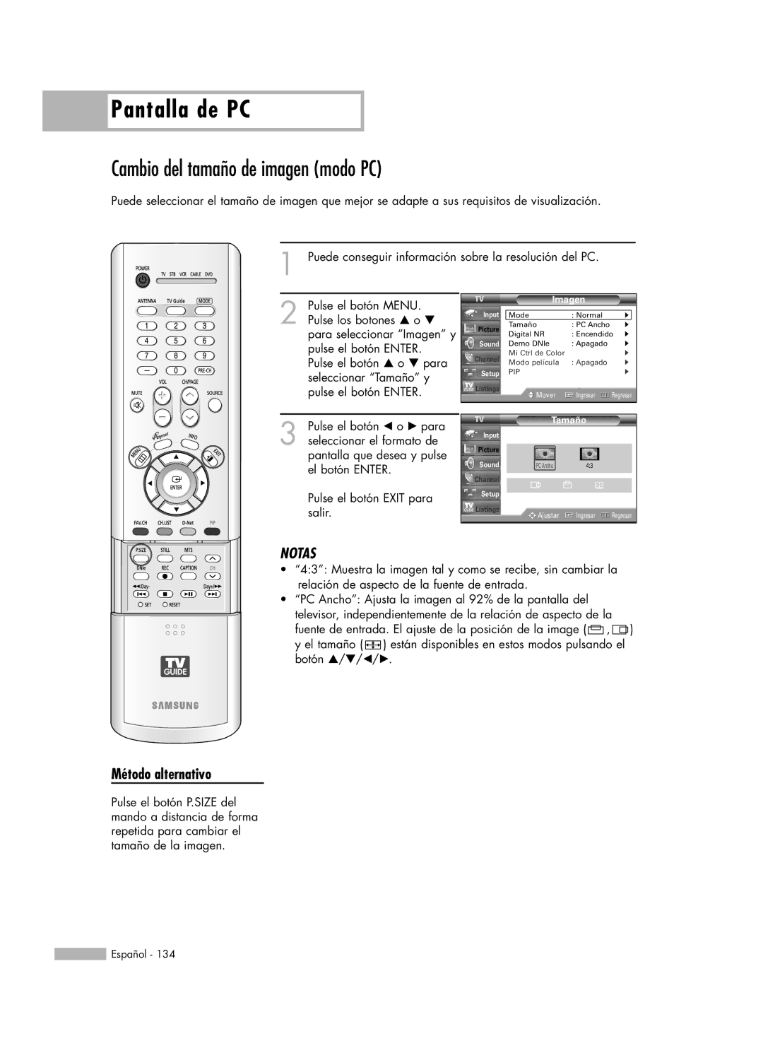 Samsung HL-R5678W, HL-R6178W, HL-R5078W, HL-R7178W manual Cambio del tamaño de imagen modo PC, Imagen 