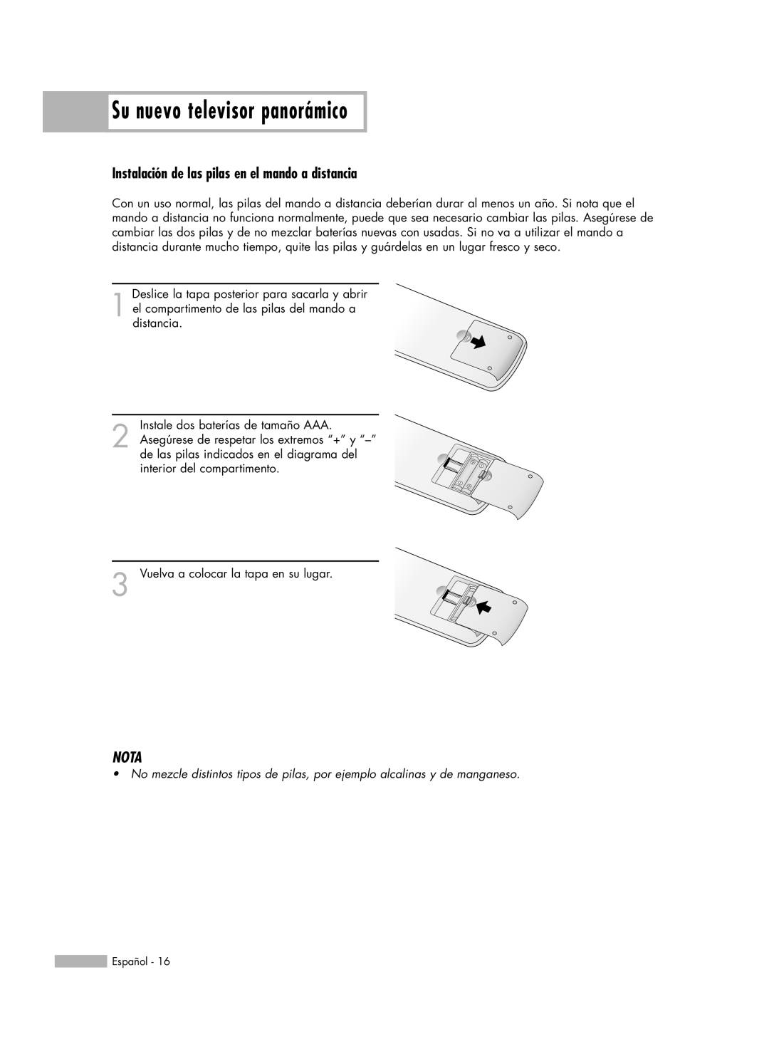 Samsung HL-R6178W, HL-R5078W, HL-R5678W, HL-R7178W manual Instalación de las pilas en el mando a distancia 