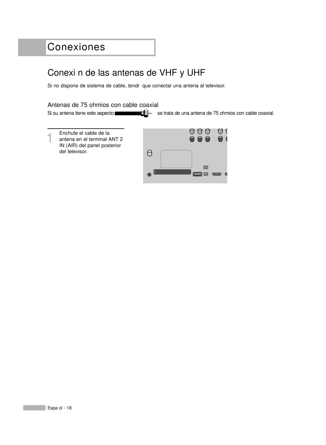 Samsung HL-R5678W, HL-R6178W, HL-R5078W manual Conexión de las antenas de VHF y UHF, Antenas de 75 ohmios con cable coaxial 