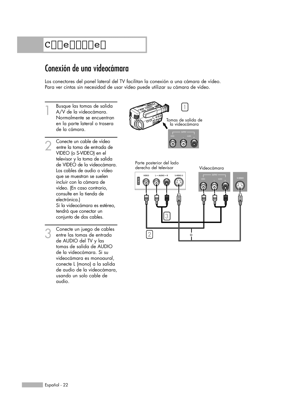 Samsung HL-R5678W, HL-R6178W, HL-R5078W, HL-R7178W manual Conexión de una videocámara, Busque las tomas de salida 