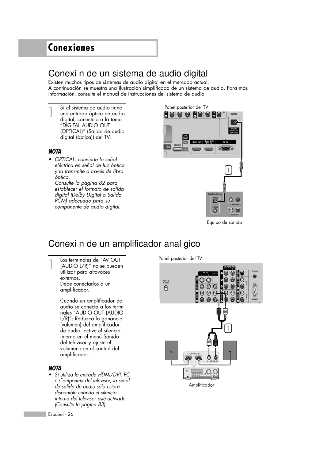 Samsung HL-R5678W, HL-R6178W, HL-R5078W manual Conexión de un sistema de audio digital, Conexión de un amplificador analógico 