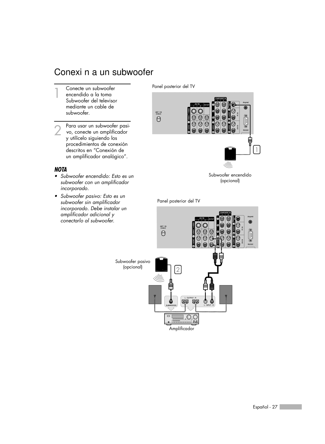 Samsung HL-R7178W, HL-R6178W, HL-R5078W, HL-R5678W manual Conexión a un subwoofer 