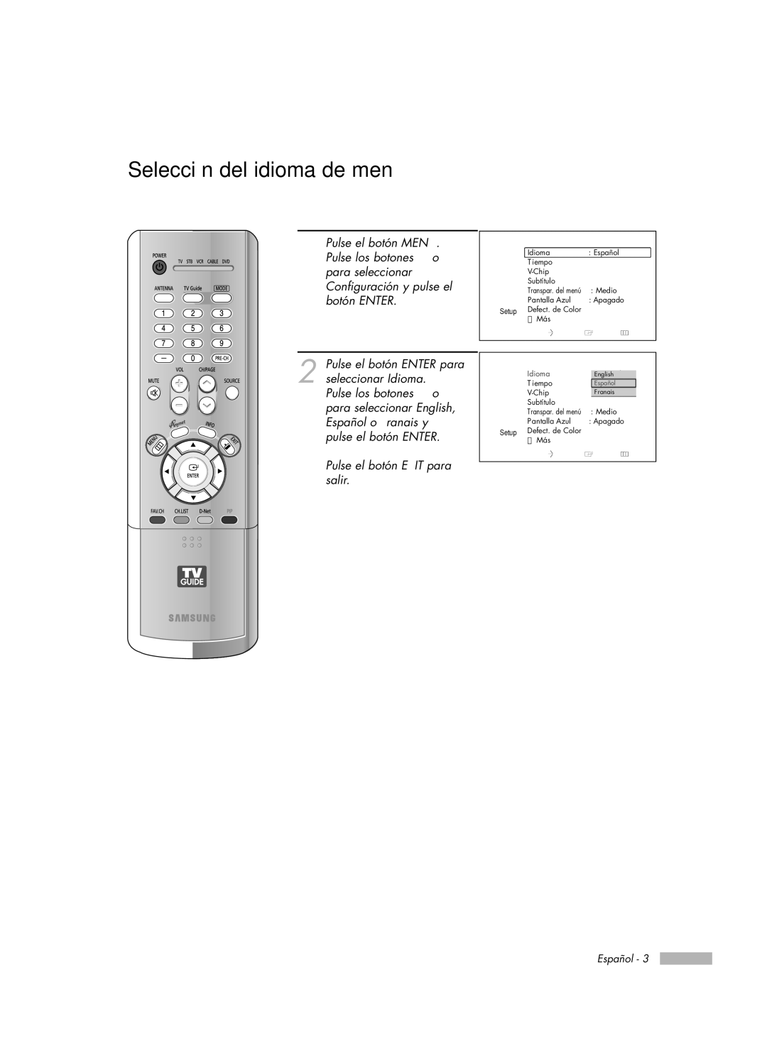 Samsung HL-R7178W, HL-R6178W, HL-R5078W, HL-R5678W manual Selección del idioma de menú, Configuración 