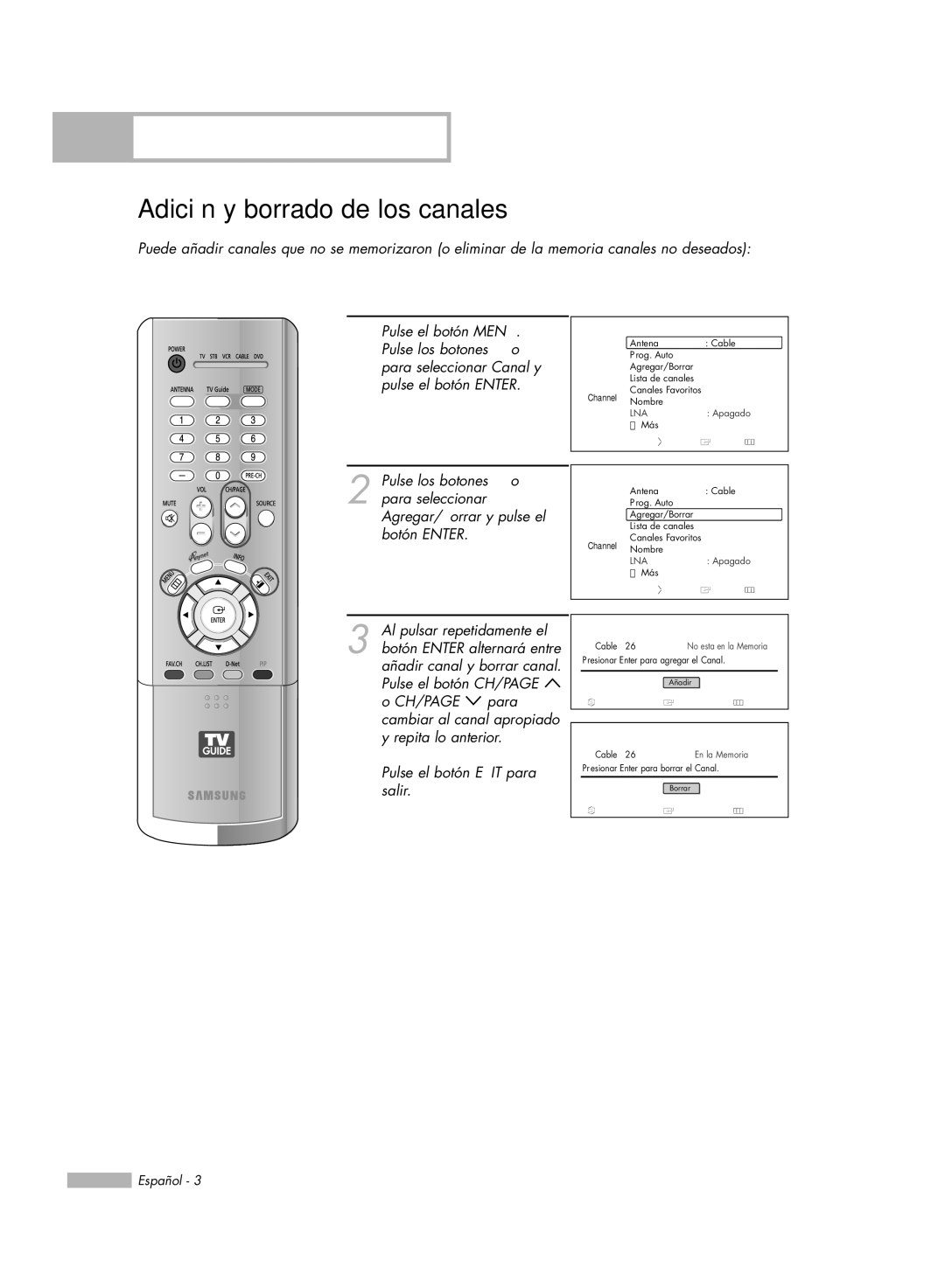 Samsung HL-R5678W, HL-R6178W, HL-R5078W, HL-R7178W manual Adición y borrado de los canales, Agregar/Borrar 