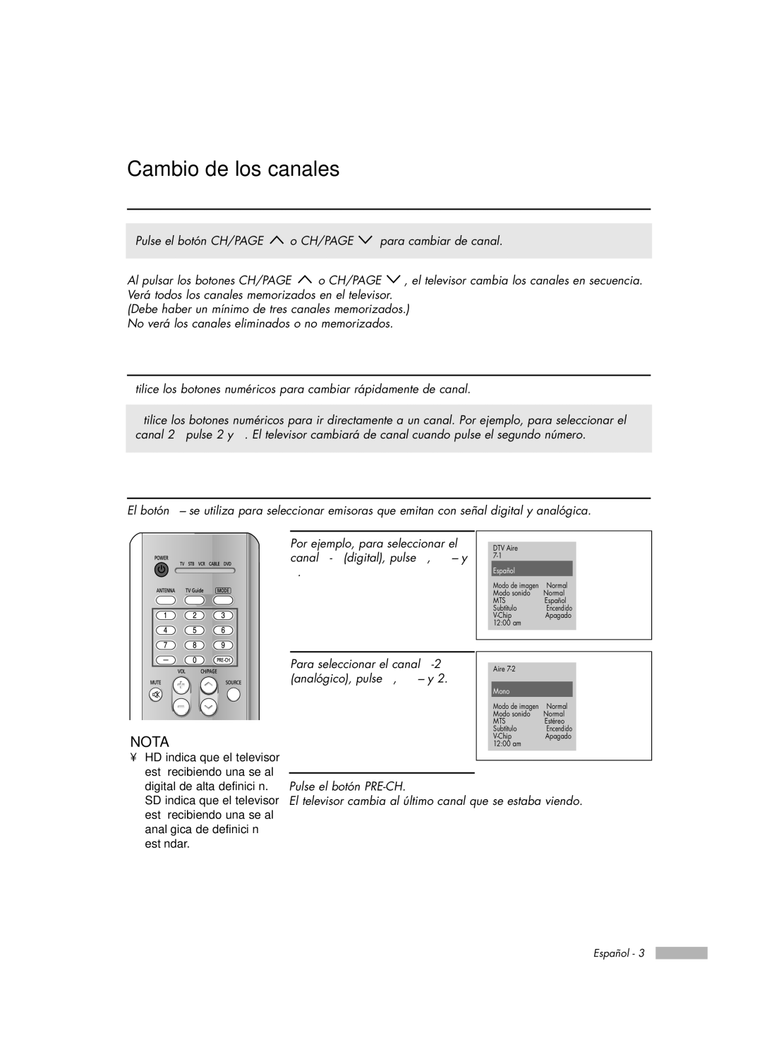 Samsung HL-R7178W manual Cambio de los canales, Utilización de los botones de canal, Utilización de los botones numéricos 