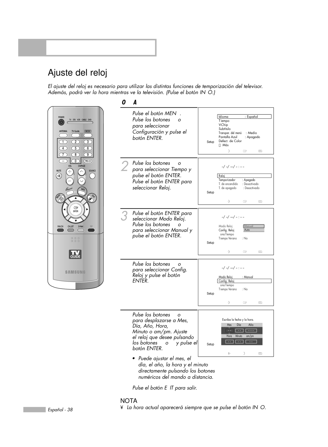 Samsung HL-R5678W, HL-R6178W, HL-R5078W, HL-R7178W Ajuste del reloj, Opción 1 Ajuste manual del reloj 