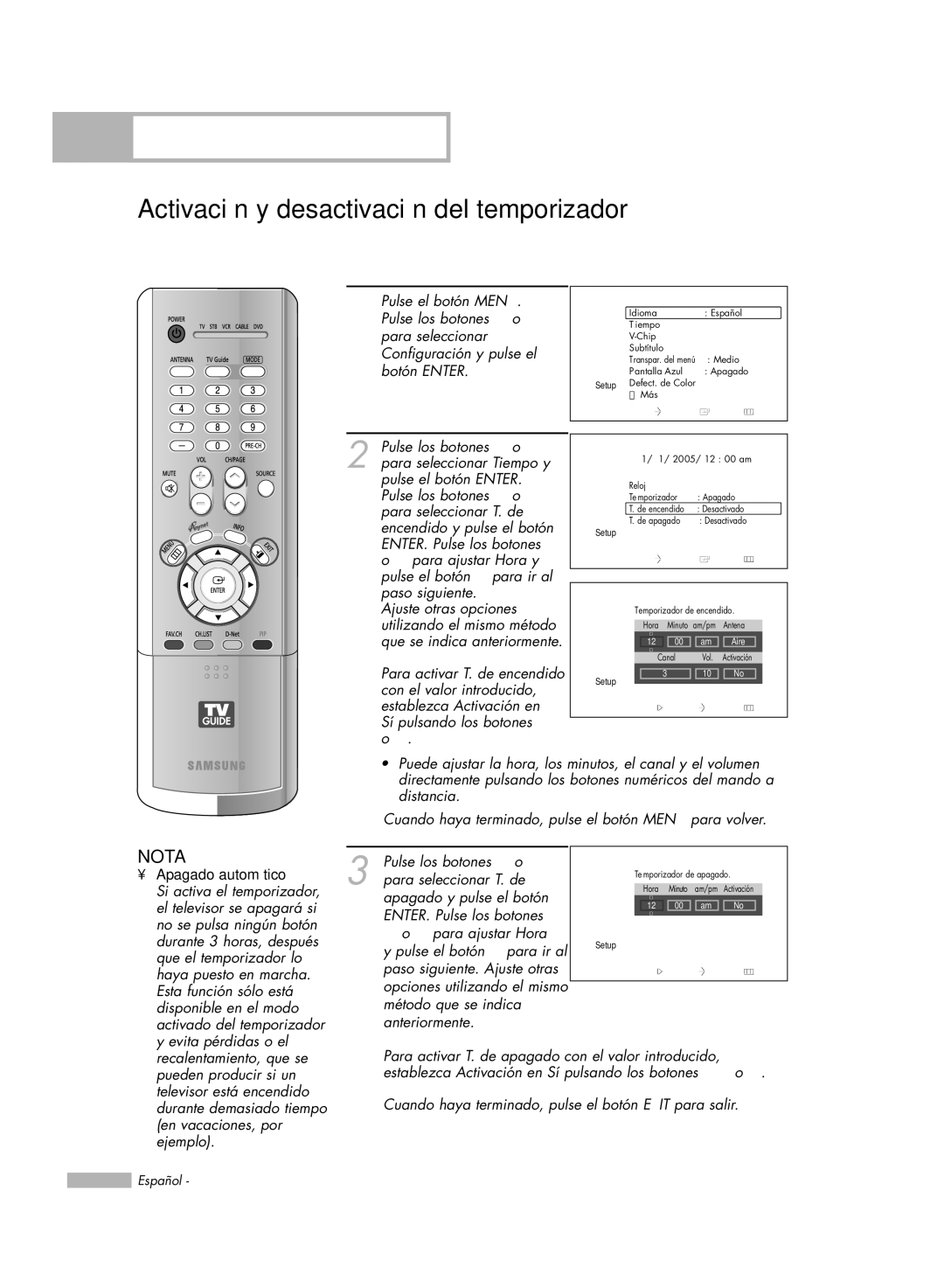 Samsung HL-R6178W … o † para ajustar Hora Channel Pulse el botón √ para ir al, Paso siguiente. Ajuste otras, De encendido 