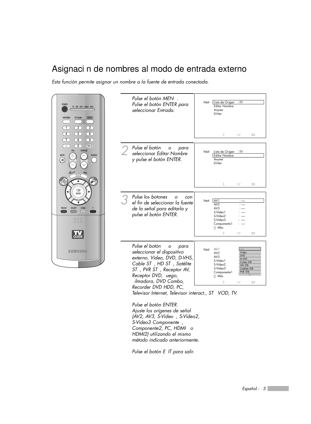 Samsung HL-R7178W, HL-R6178W, HL-R5078W, HL-R5678W manual Asignación de nombres al modo de entrada externo 