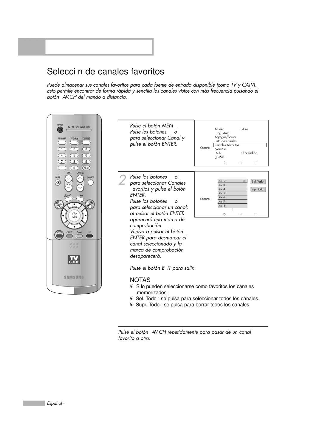 Samsung HL-R5678W Selección de canales favoritos, Para almacenar los canales favoritos, Para ver los canales favoritos 