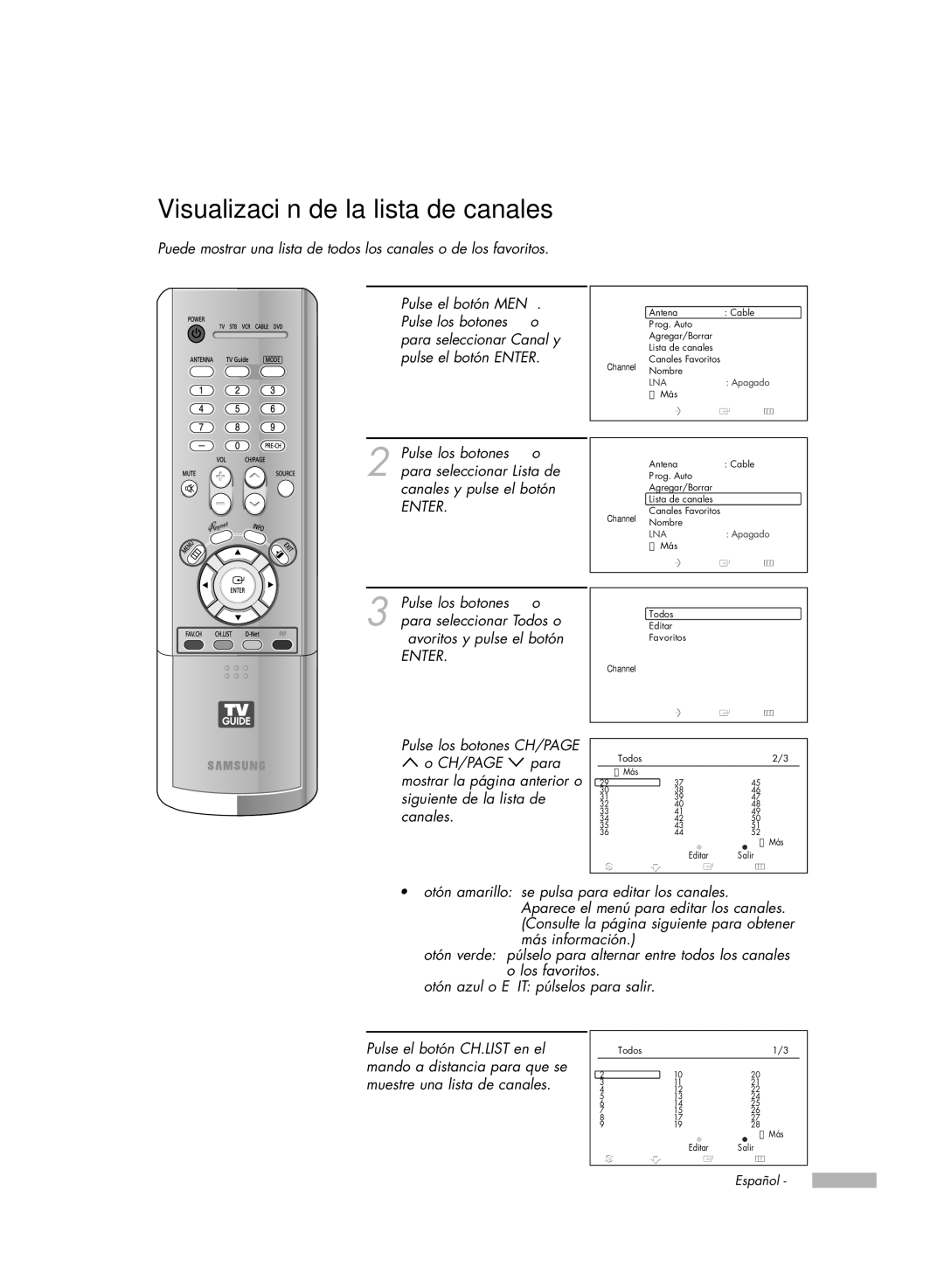 Samsung HL-R7178W, HL-R6178W, HL-R5078W, HL-R5678W manual Visualización de la lista de canales, Lista de canales 