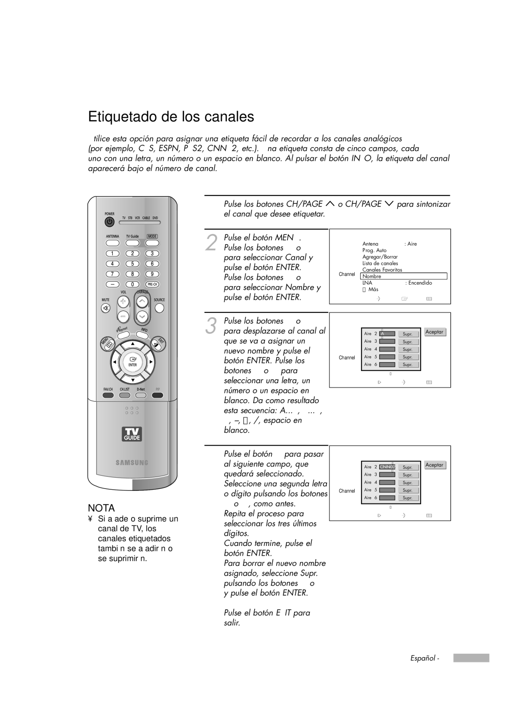 Samsung HL-R5078W, HL-R6178W, HL-R5678W, HL-R7178W manual Etiquetado de los canales, Nombre 