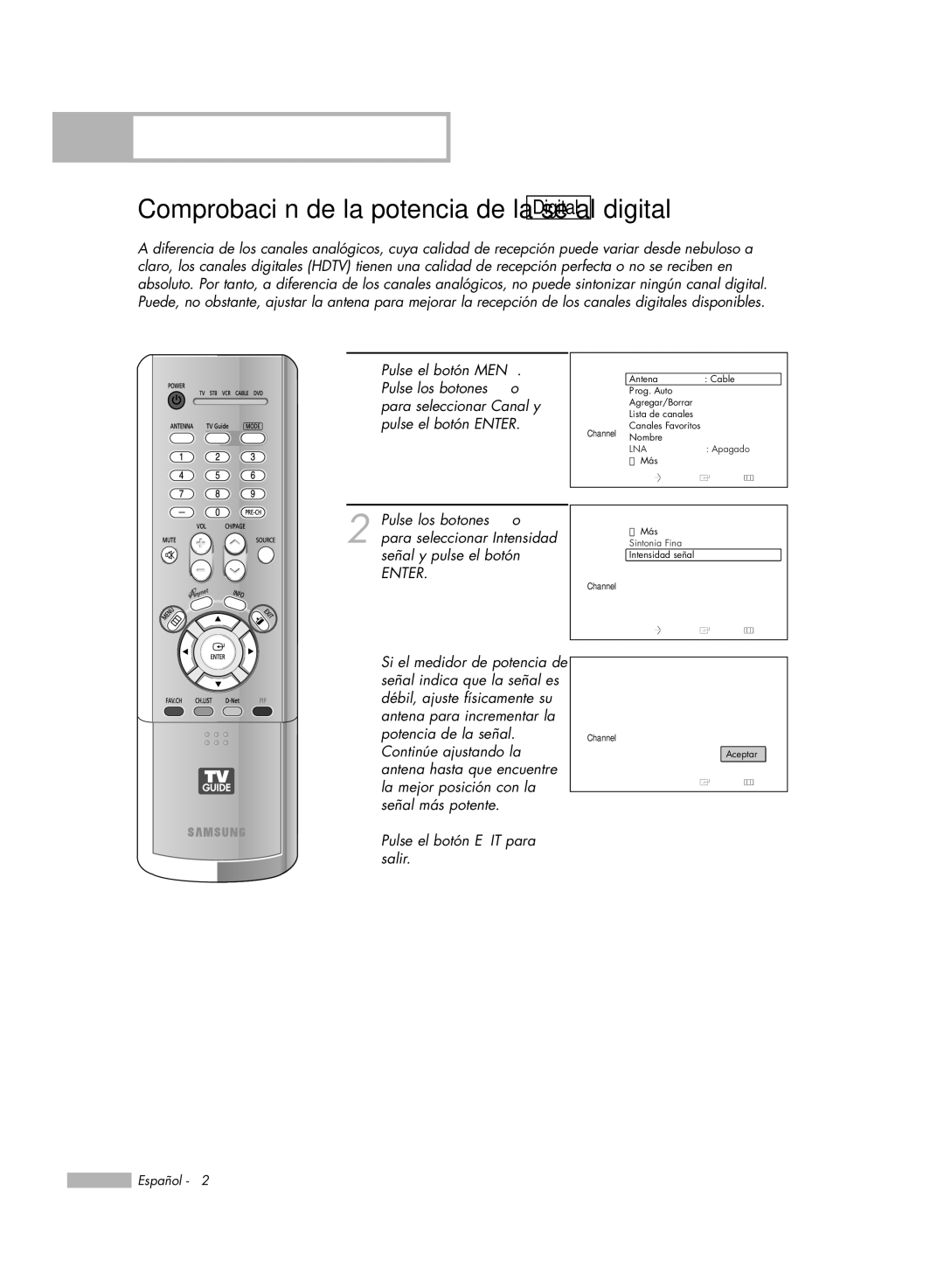 Samsung HL-R6178W, HL-R5078W, HL-R5678W, HL-R7178W manual Comprobación de la potencia de la señal digital, Intensidad señal 