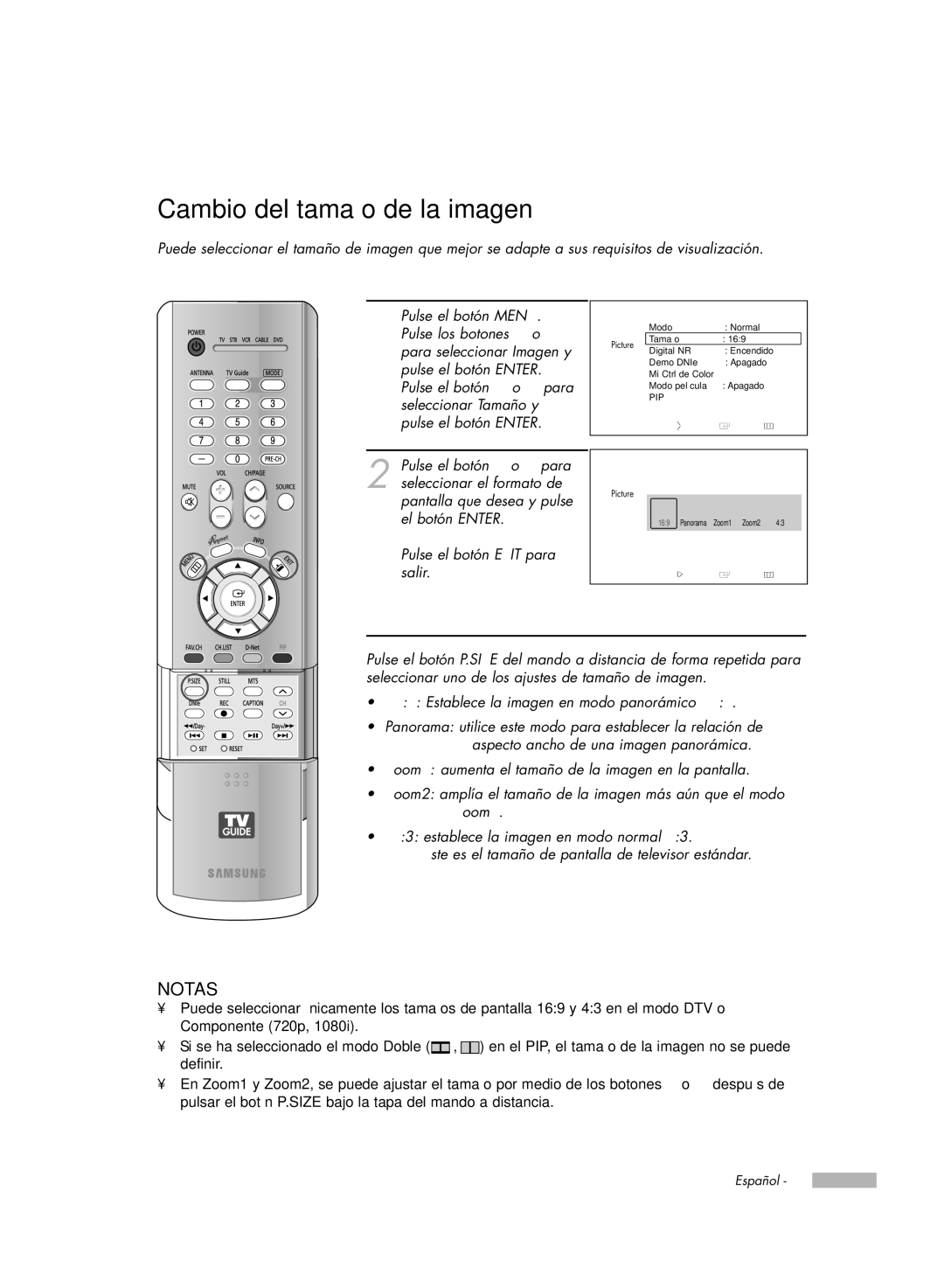 Samsung HL-R5078W, HL-R6178W, HL-R5678W, HL-R7178W manual Cambio del tamaño de la imagen, Tamaño 