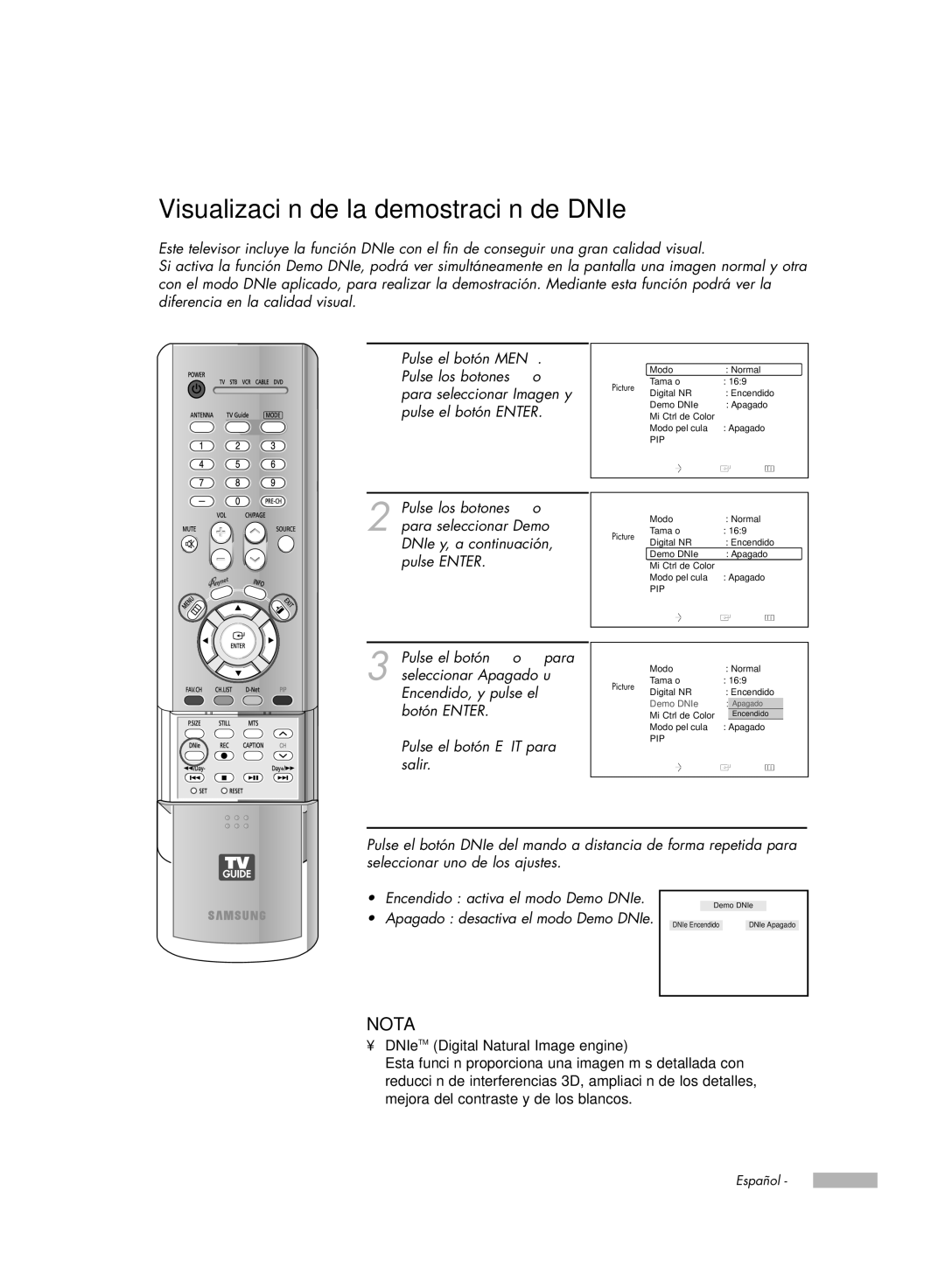 Samsung HL-R7178W, HL-R6178W, HL-R5078W, HL-R5678W manual Visualización de la demostración de DNIe 