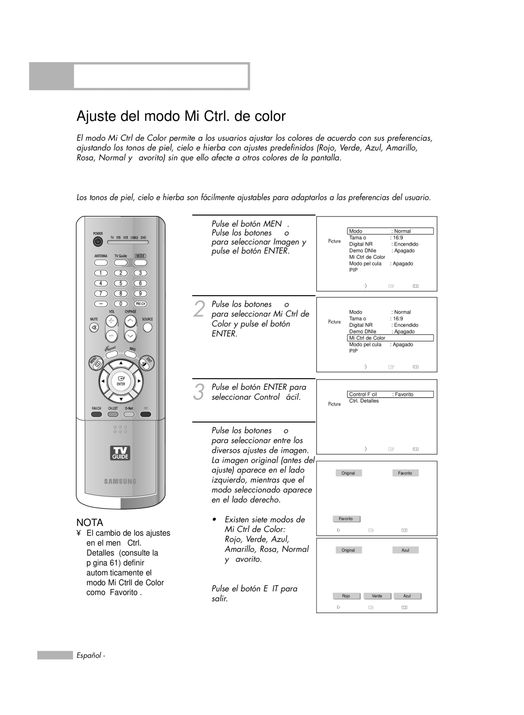 Samsung HL-R6178W, HL-R5078W, HL-R5678W Ajuste del modo Mi Ctrl. de color, Para seleccionar Imagen y pulse el botón Enter 