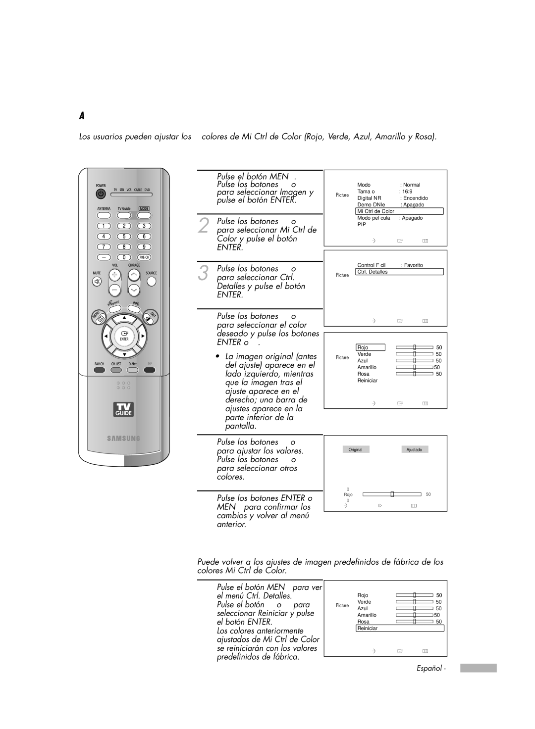 Samsung HL-R5078W, HL-R6178W, HL-R5678W, HL-R7178W manual Ajustes personales de Mi Ctrl de Color, Ctrl. Detalles 