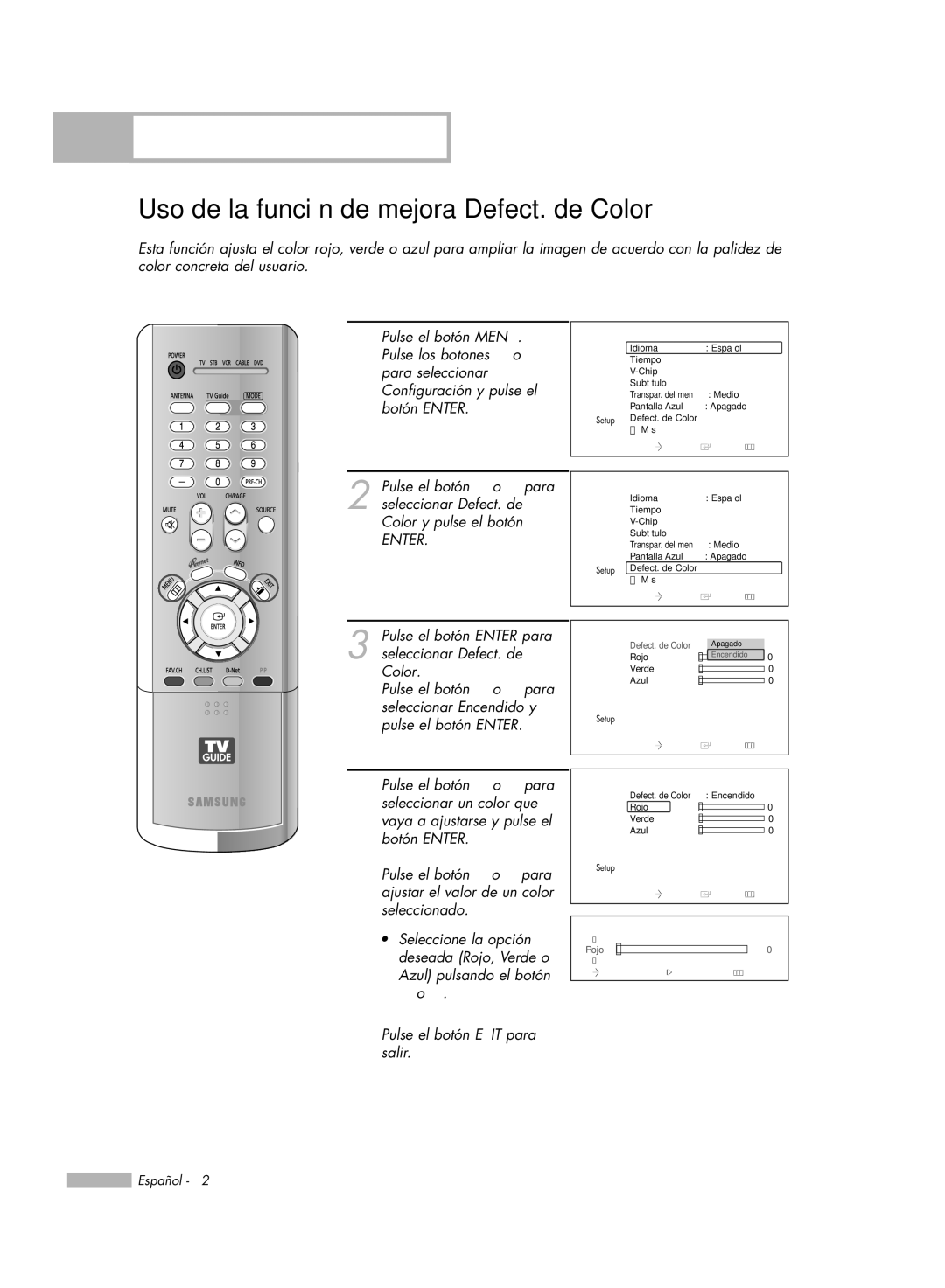 Samsung HL-R5678W, HL-R6178W, HL-R5078W, HL-R7178W manual Uso de la función de mejora Defect. de Color 