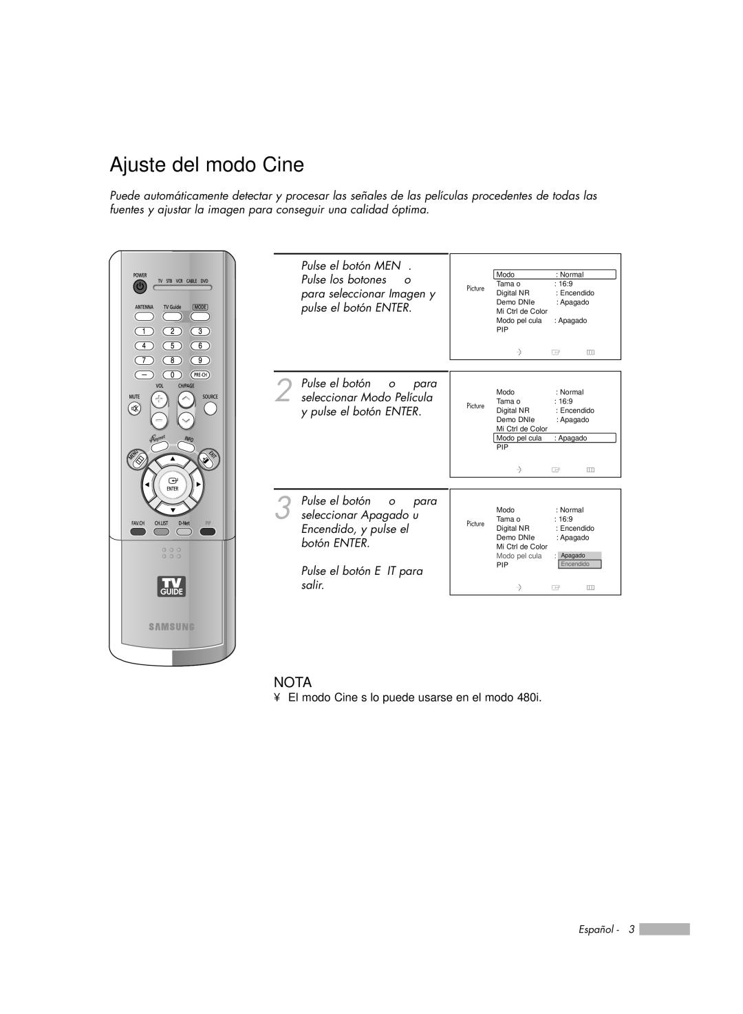 Samsung HL-R7178W, HL-R6178W, HL-R5078W, HL-R5678W manual Ajuste del modo Cine 