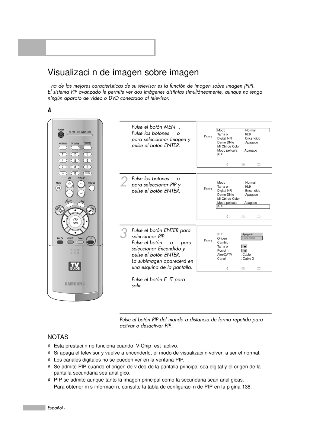 Samsung HL-R6178W, HL-R5078W, HL-R5678W, HL-R7178W manual Visualización de imagen sobre imagen, Activación de PIP 