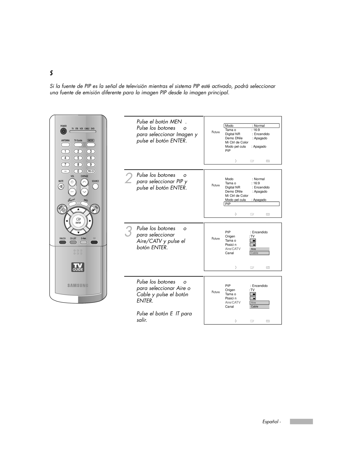 Samsung HL-R5078W, HL-R6178W, HL-R5678W, HL-R7178W manual Selección de una fuente de señal aire o cable para PIP 