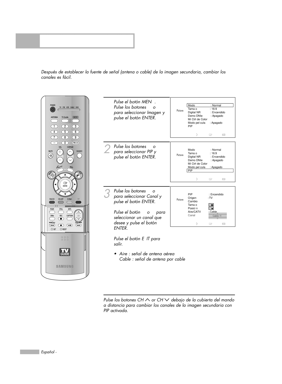 Samsung HL-R5678W manual Cambio del canal de la imagen secundaria PIP, Para seleccionar Canal y, Seleccionar un canal que 