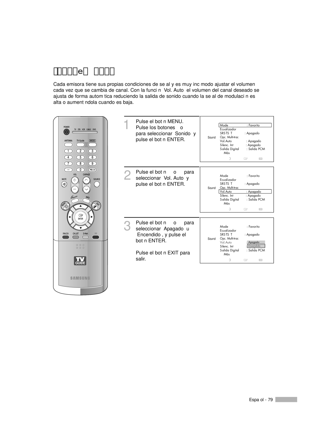 Samsung HL-R7178W, HL-R6178W, HL-R5078W, HL-R5678W manual Volumen Auto 