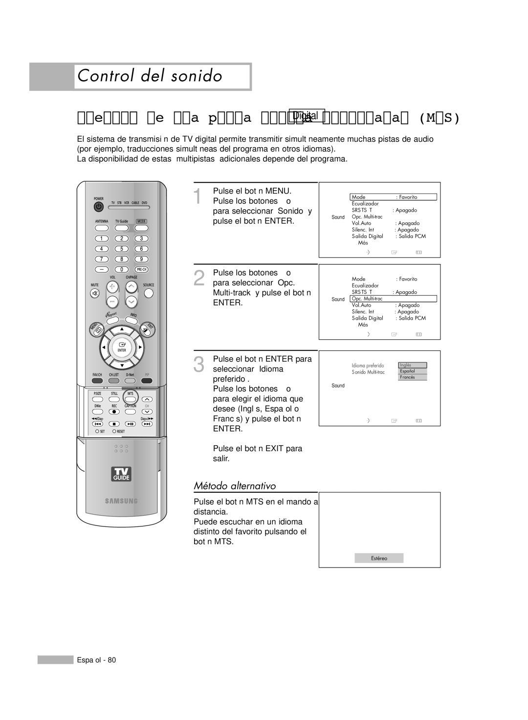 Samsung HL-R6178W, HL-R5078W, HL-R5678W, HL-R7178W manual Elección de una pista sonora multicanal MTS, Opc. Multi-track 