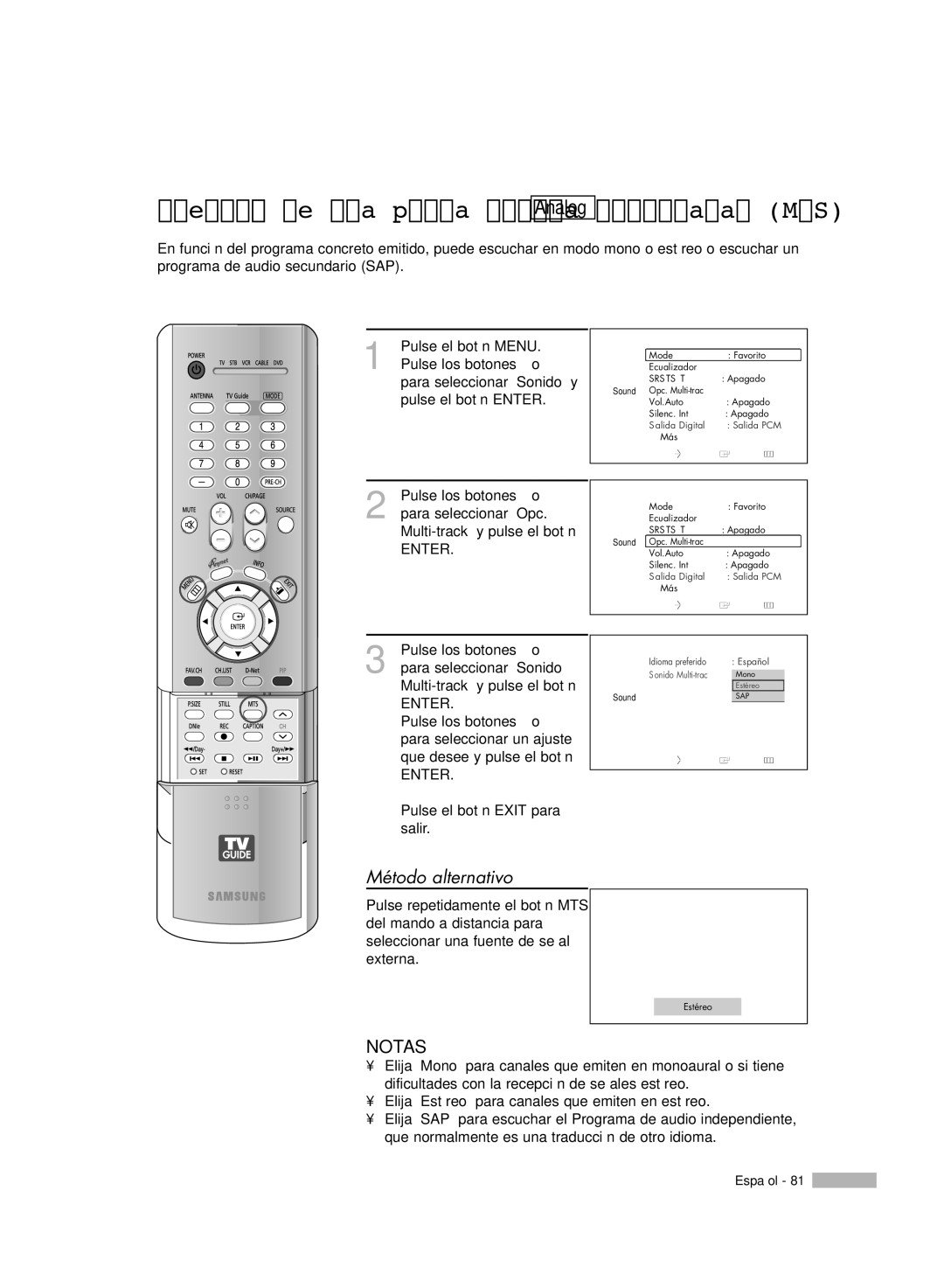 Samsung HL-R5078W, HL-R6178W, HL-R5678W, HL-R7178W manual Elección de una pista sonora multicanal MTS 