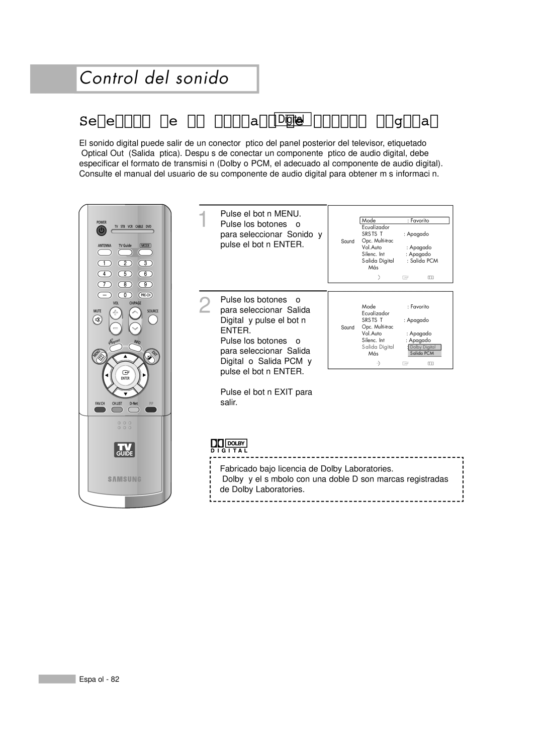 Samsung HL-R5678W, HL-R6178W, HL-R5078W, HL-R7178W manual Pulse el botón Menu, Para seleccionar Sonido y pulse el botón Enter 