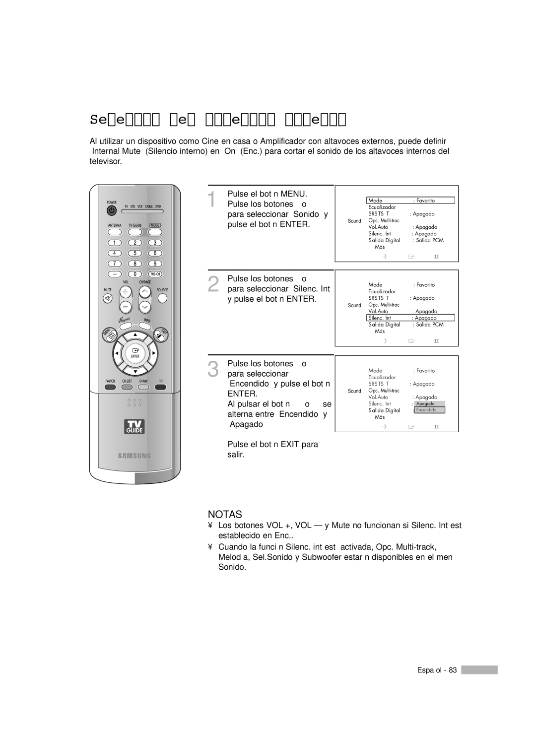 Samsung HL-R7178W, HL-R6178W, HL-R5078W, HL-R5678W manual Selección del silencio interno 