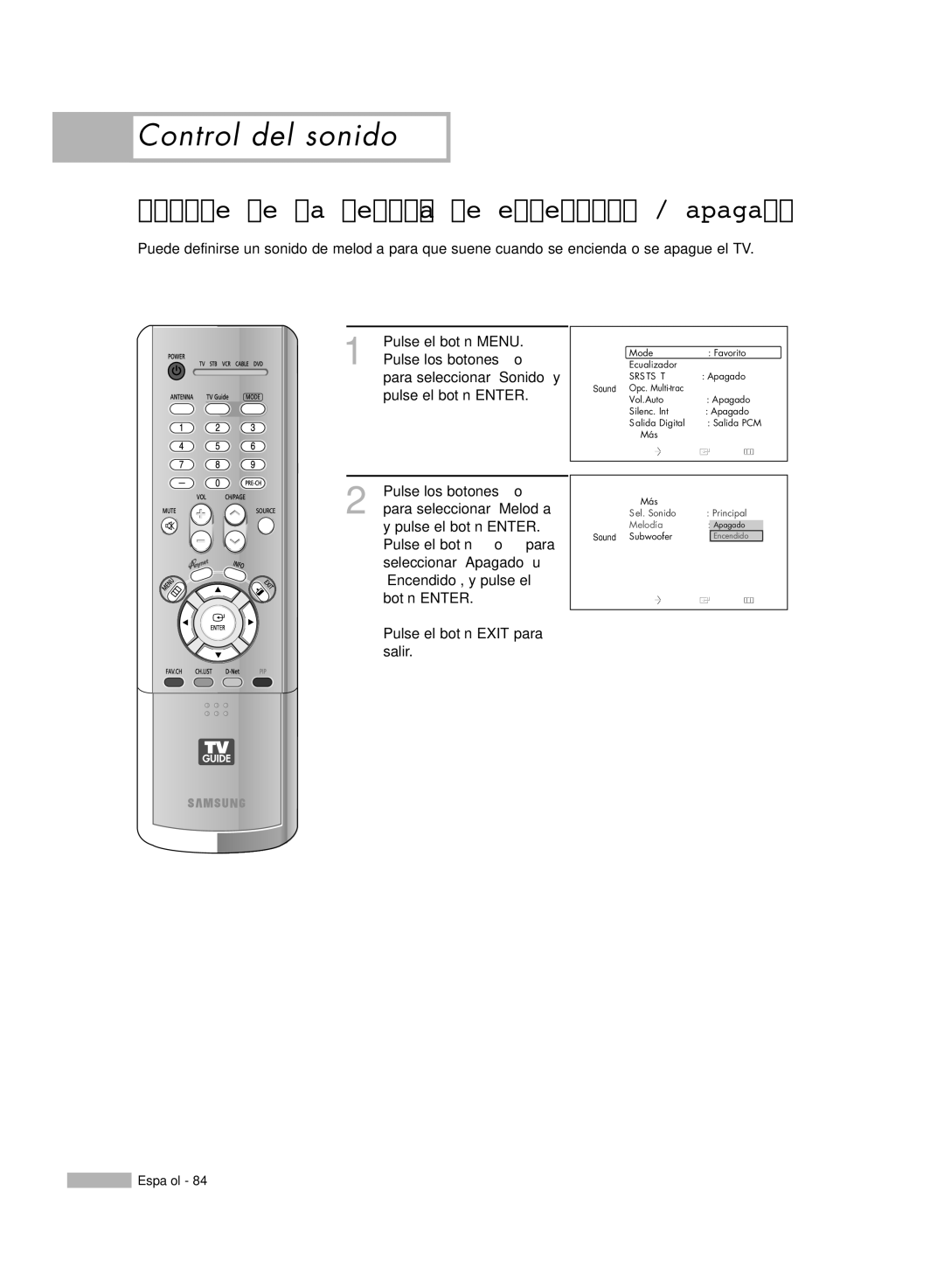 Samsung HL-R6178W, HL-R5078W, HL-R5678W, HL-R7178W manual Ajuste de la melodía de encendido / apagado 