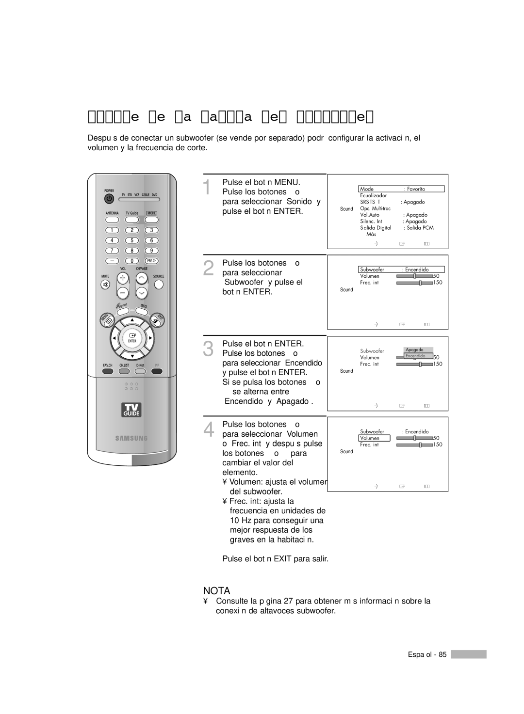 Samsung HL-R5078W, HL-R6178W, HL-R5678W, HL-R7178W manual Ajuste de la salida del subwoofer, Subwoofer 