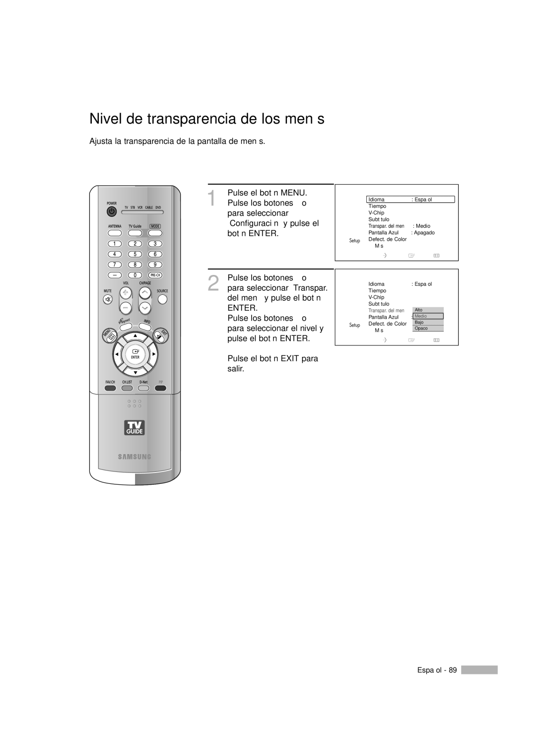 Samsung HL-R5078W, HL-R6178W, HL-R5678W, HL-R7178W manual Nivel de transparencia de los menús 