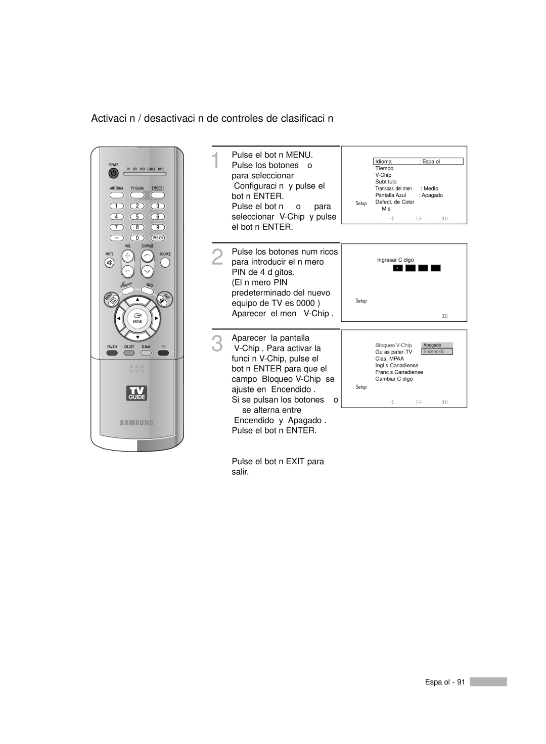 Samsung HL-R7178W, HL-R6178W, HL-R5078W, HL-R5678W manual Activación / desactivación de controles de clasificación 