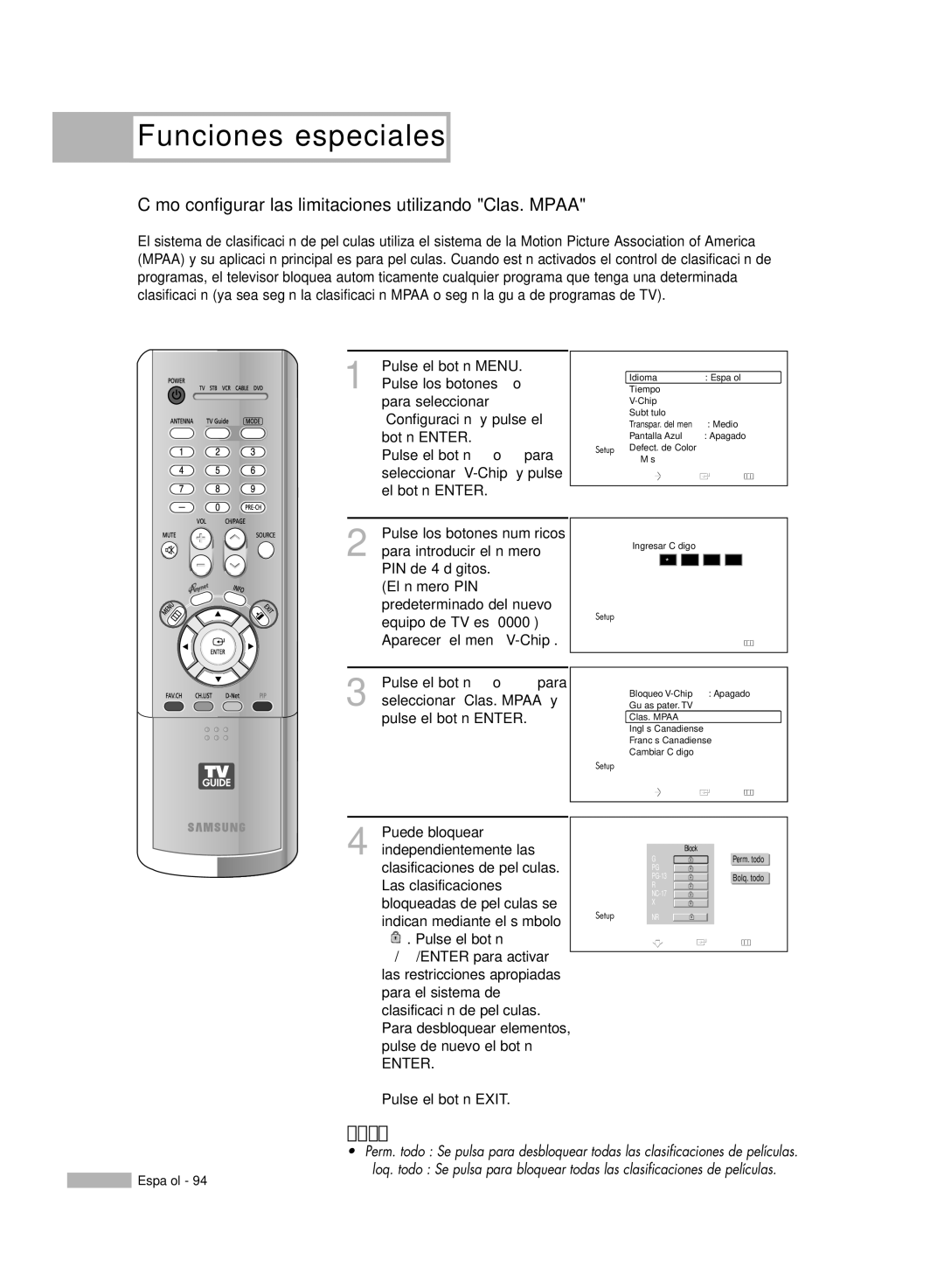 Samsung HL-R5678W, HL-R6178W, HL-R5078W manual Cómo configurar las limitaciones utilizando Clas. Mpaa, Pulse el botón Exit 