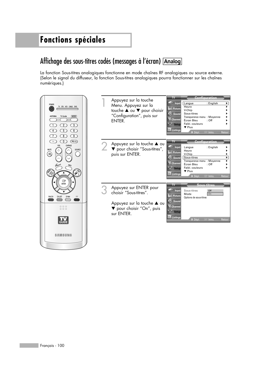 Samsung HL-R6178W, HL-R5078W Affichage des sous-titres codés messages à l’écran, Fonctions spéciales, Analog, Sous-titres 