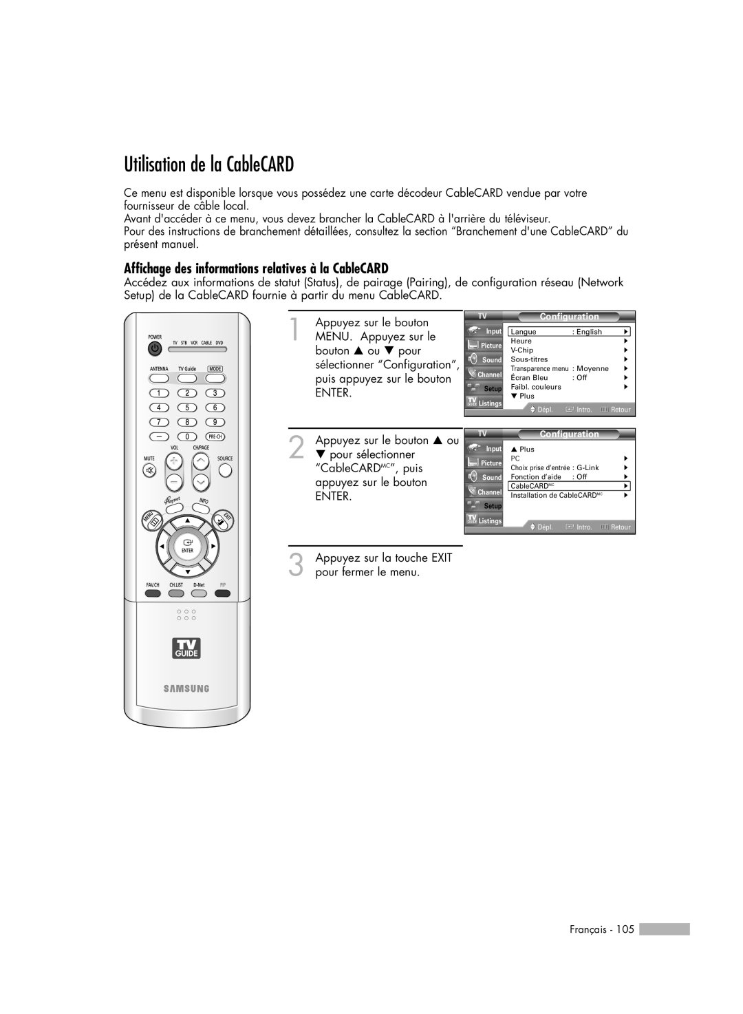 Samsung HL-R5078W, HL-R6178W, HL-R5678W Utilisation de la CableCARD, Affichage des informations relatives à la CableCARD 