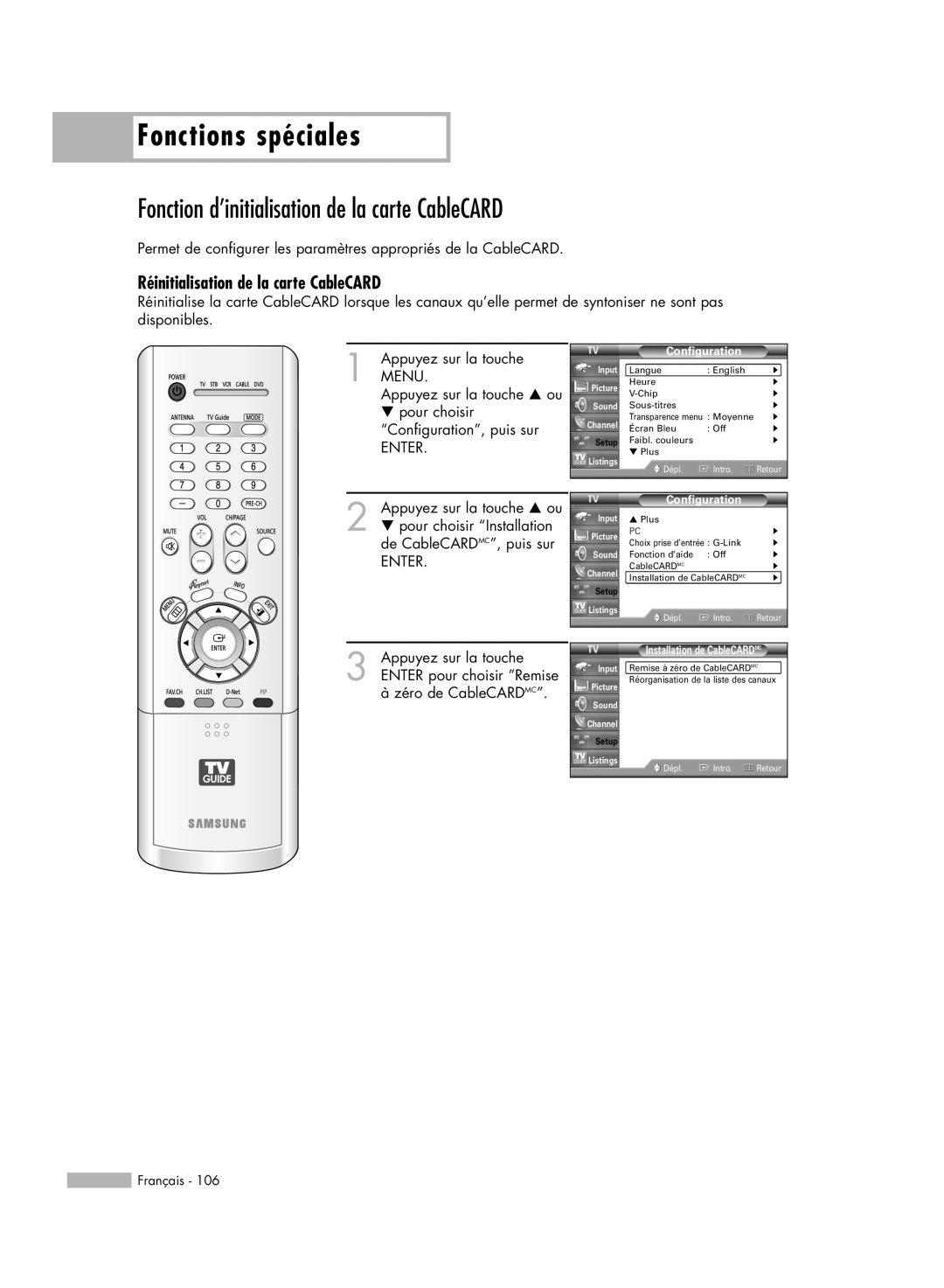 Samsung HL-R5678W Fonction d’initialisation de la carte CableCARD, Réinitialisation de la carte CableCARD, Français, Dépl 
