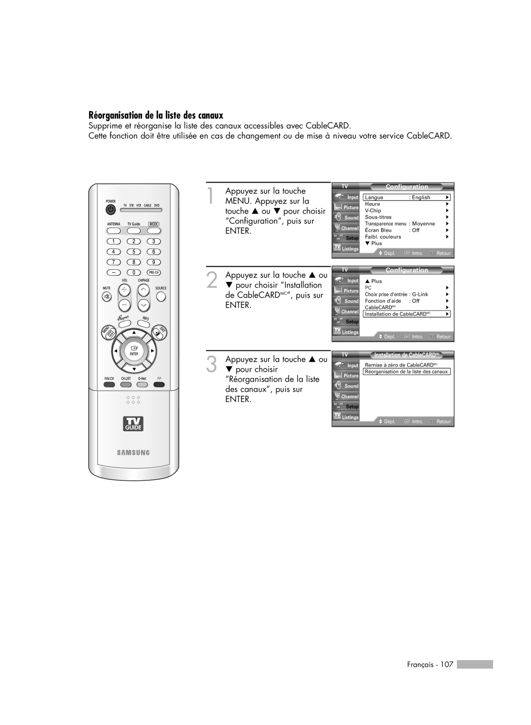 Samsung HL-R7178W, HL-R6178W, HL-R5078W, HL-R5678W manual Réorganisation de la liste des canaux 