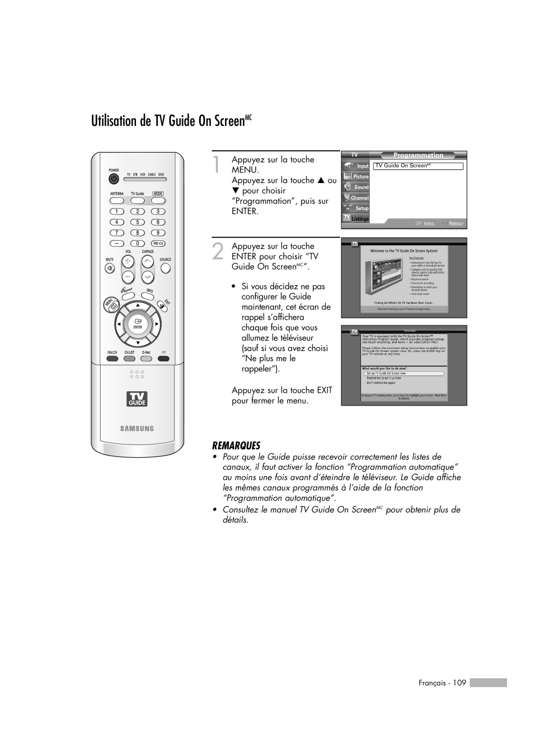 Samsung HL-R5078W, HL-R6178W, HL-R5678W, HL-R7178W manual Utilisation de TV Guide On ScreenMC, Remarques 